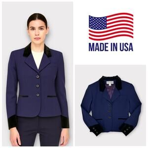 Vintage Jones NY Womens Sz S Indigo Navy Wool Blazer Equestrian Velvet 90s Prep